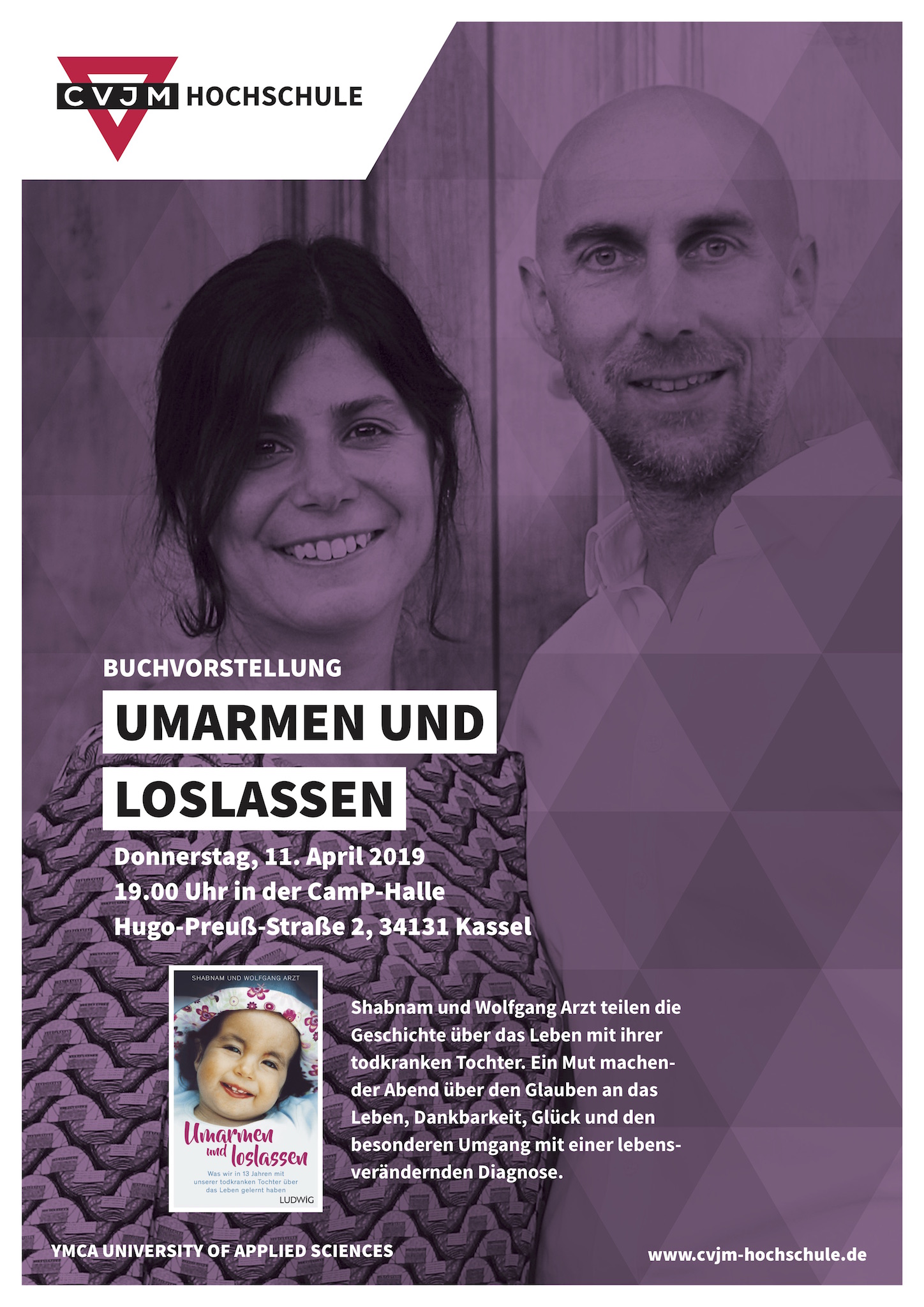 Plakat Buchvorstellung Umarmen und loslassen mit Shabnam und Wolfgang Arzt an der CVJM Hochschule Kassel